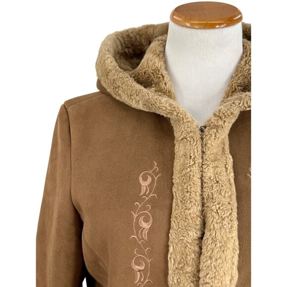 Vtg 90s Esprit Brown Faux Suede Sherpa Lined Embroidered Hooded Jacket | Boho M - Picture 5 of 16